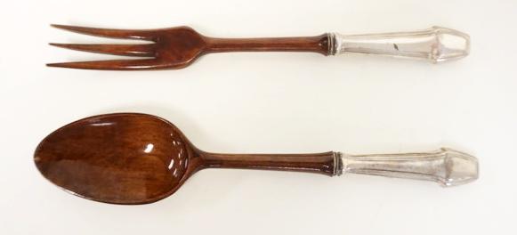 FRENCH WOOD SALAD FORK & SPOON W/STERLING HANDLES (1 of 1)