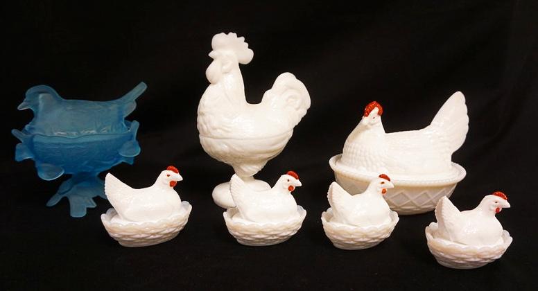 LOT OF MILK GLASS: LOT OF MILK GLASS COVERED CHICKEN & ROOSTER & ONE BLUE SATIN GLASS BIRD ON NEST, 7 PIECES, LARGEST IS APPROXIMATELY 9 IN HIGH