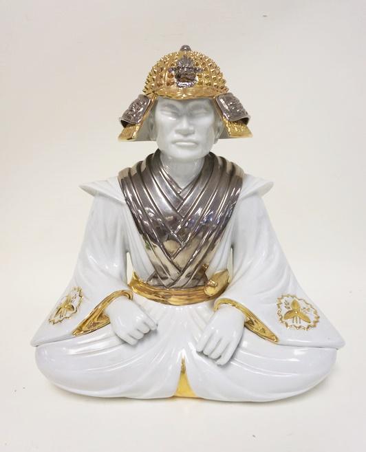 LARGE POTTERY FIGURE OF ASIAN WARRIOR SEATED (1 of 3)
