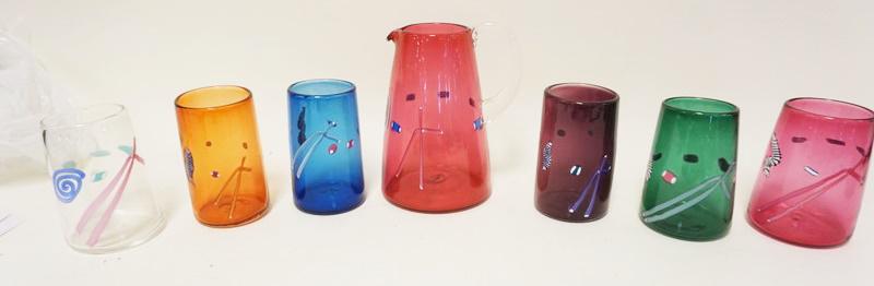 MODERN STYLE GLASS PITCHER W/6 MULTICOLOR TUMBLERS (1 of 2)
