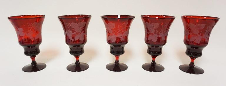 5 RUBY GLASS FOOTED STEMWARE (1 of 2)