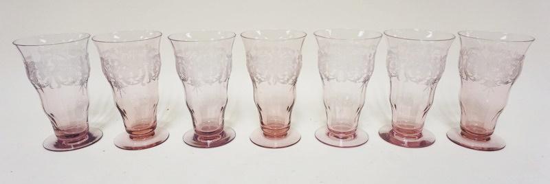 SET OF 7 AMETHYST ETCHED GLASS FOOTED TUMBLERS (1 of 2)