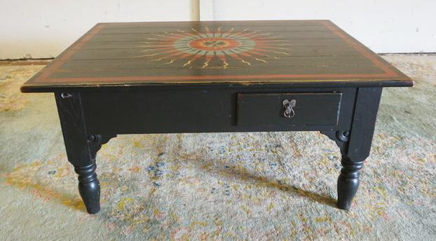 PAINT DECORATED SOUTHWESTERN COFFEE TABLE: PAINT DECORATED SOUTHWESTERN COFFEE TABLE, 2 DRAWER, SOME DISCOLORATION ON TOP, APPROXIMATLEY 46 IN X 44 IN X 22 IN HIGH