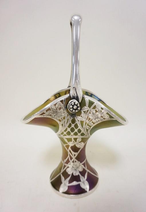 ANTIQUE ART GLASS SILVER OVERLAY IRIDESCENT BASKET (1 of 6)