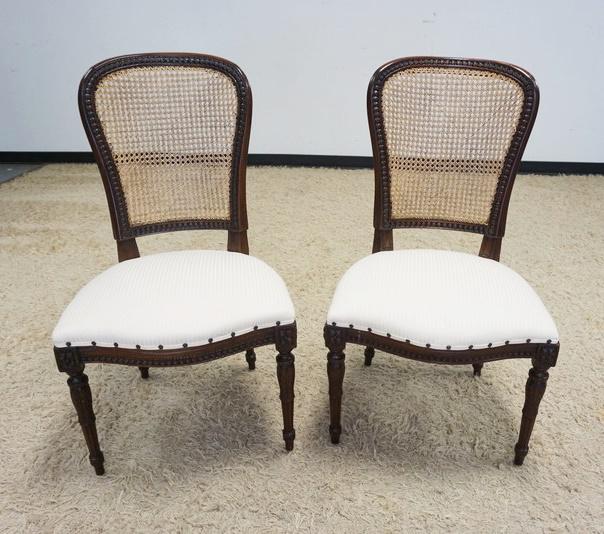 PAIR OF COMTEMPORARY CONTINETAL CANED BACK CHAIRS: PAIR OF COMTEMPORARY CONTINETAL CANED BACK OCCASSIONAL CHAIRS W/UPHOLSTERED SEATS, SOME STAINING