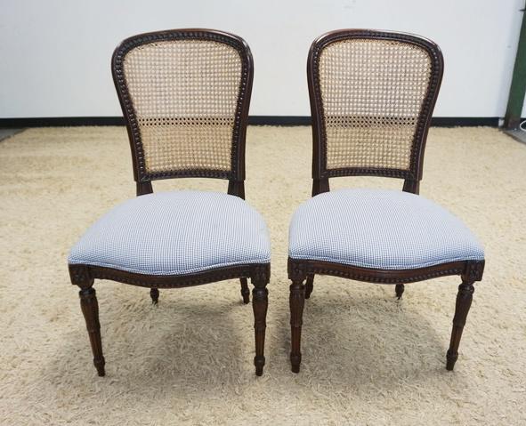 PAIR OF COMTEMPORARY CONTINETAL CANED BACK CHAIRS: PAIR OF COMTEMPORARY CONTINETAL CANED BACK OCCASSIONAL CHAIRS W/UPHOLSTERED SEATS, SOME STAINING