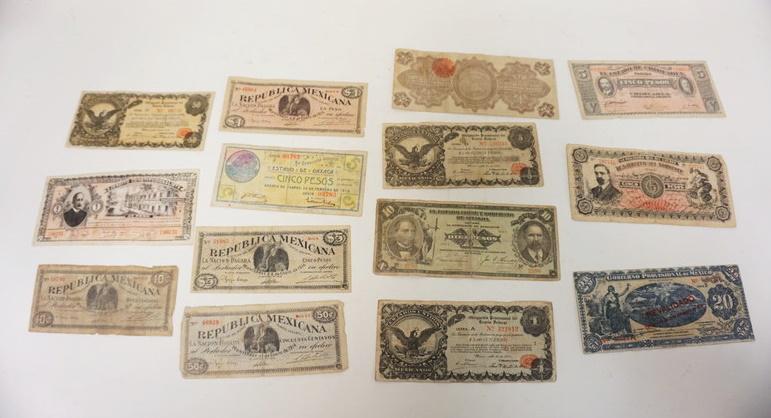 14 PIECES OF ASSORTED ANTIQUE MEXICAN PAPER MONEY: LOT OF 14 PIECES OF ASSORTED ANTIQUE MEXICAN PAPER MONEY
