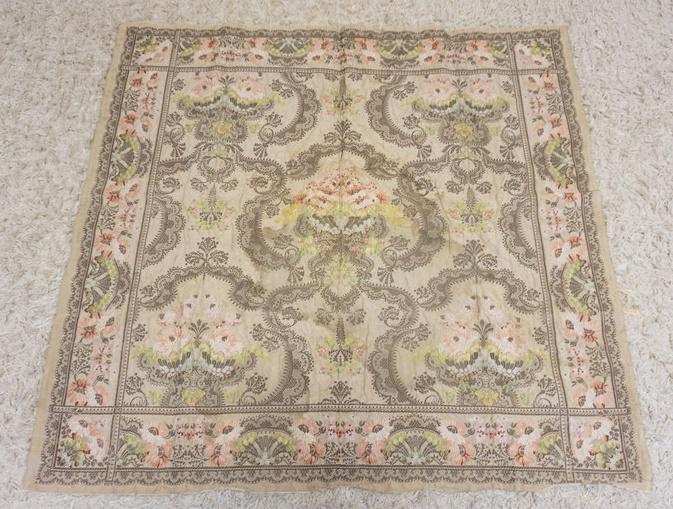 EMBROIDERED TABLE CLOTH: EMBROIDERED TABLE CLOTH, APPROXIMATELY 47 IN X 50 IN, SOME STAINS