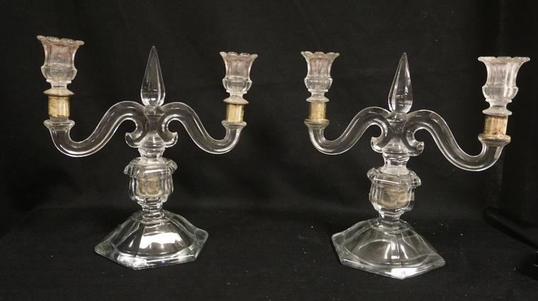 PAIR OF CLEAR GLASS & SILVERPLATE CANDELBRUM: PAIR OF CLEAR GLASS & SILVERPLATE CANDELBRUM, APPROXIMATELY 10 1/4 IN HIGH