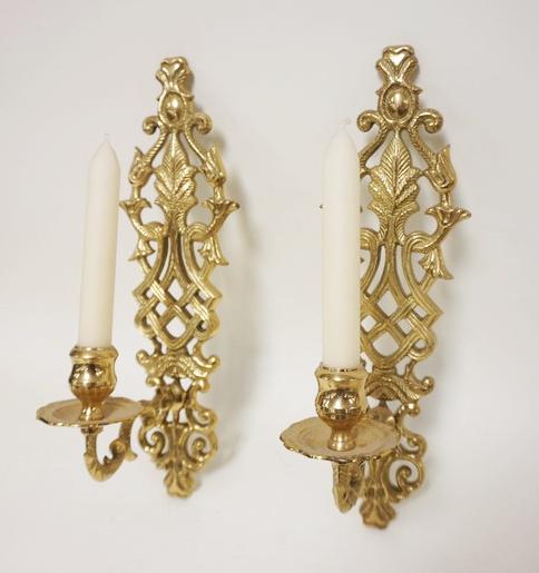 PAIR OF ORNATE BRASS CANDLE WALL SCONCES (1 of 2)