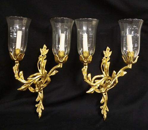 PAIR OF BRASS DOUBLE CANDLE WALL SCONCES (1 of 2)