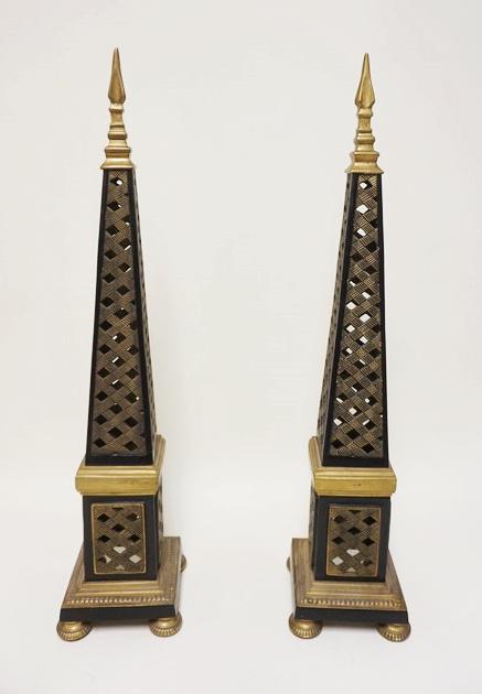 PAIR OF TALL BRASS OBELISKS: PAIR OF TALL BRASS OBELISKS W/BLACK ENAMEL TRIM, APPROXIMATELY 28 1/2 IN HIGH