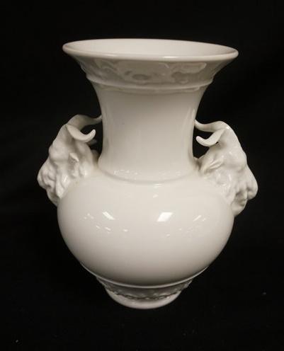 KPM PORCELAIN VASE W/RAM HEADS: KPM PORCELAIN VASE W/RAM HEADS, APPROXIMATELY 7 IN HIGH