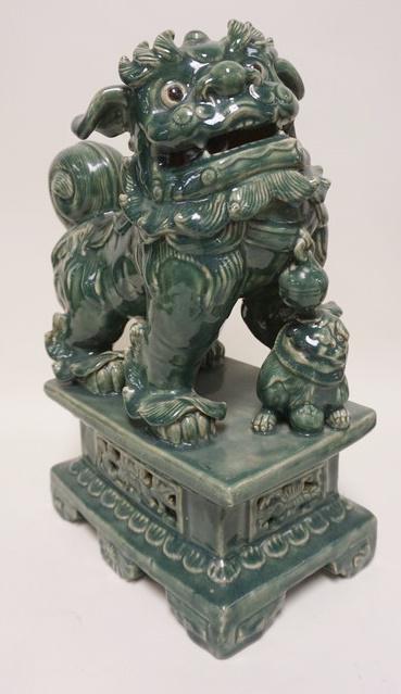 LARGE CONTEMPORAY GREEN GLAZED POTTERY FOO DOG (1 of 3)