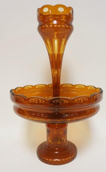 DARK AMBER EPERGNE CUT TO LIGHT AMBER: DARK AMBER EPERGNE CUT TO LIGHT AMBER, APPROXIMATELY 15 1/4 IN HIGH