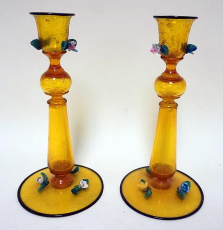 PAIR OF VENETIAN AMBER GLASS CANDLESTICKS (1 of 2)