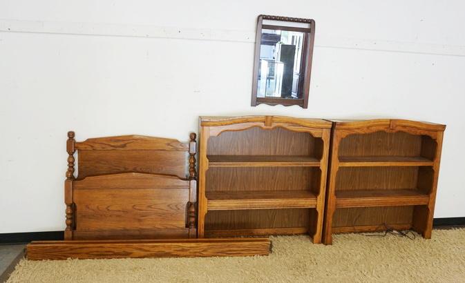 OAK BED, MIRROR AND 2 BOOKCASES (1 of 1)