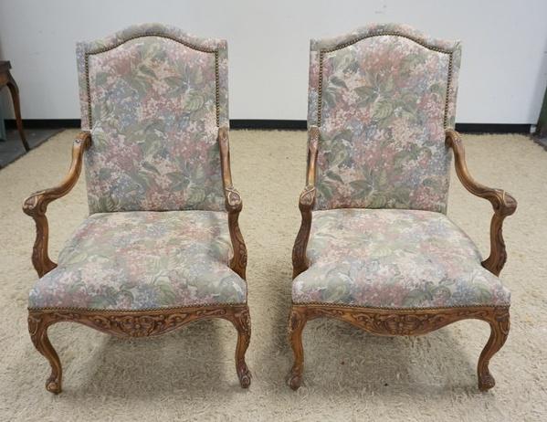 PAIR OF UPHOLSTERED CARVED ARMCHAIRS: PAIR OF UPHOLSTERED CARVED ARMCHAIRS, FINISH WEAR ON ARMS