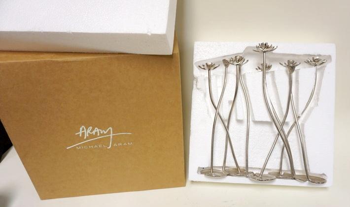 DESIGNER CANDLESTICKS MICHAEL ARAM: DESIGNER CANDLESTICKS MICHAEL ARAM IN BOX, EACH APPROXIMATELY 13 IN HIGH