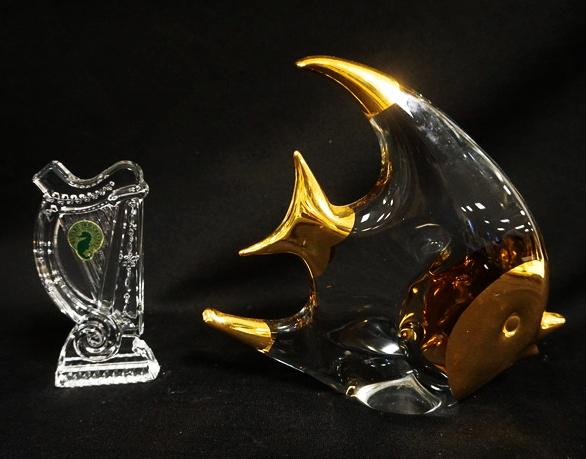 WATERFORD GLASS HARP & BLOWN GLASS FISH: WATERFORD GLASS HARP & BLOWN GLASS FISH SIGNED BR ON BOTTOM, FISH IS APPROXIMATELY 7 IN HIGH