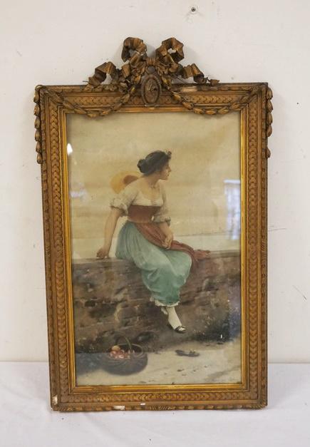 ANTIQUE PRINT OF WOMAN SITTING ON STONE WALL (1 of 4)