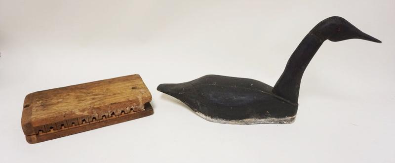 PRIMITIVE LOT: PRIMITIVE LOT W/WOOD CIGAR MOLD & WOOD LONG NECK DUCK DECOY, DUCK IS APPROXIMATELY 22 IN X 11 IN HIGH