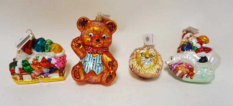 CHRISTOPHER RADKO LOT CHRISTMAS ORNAMENTS: CHRISTOPHER RADKO LOT CHRISTMAS ORNAMENTS, LOT OF 4, LARGEST IS APPROXIMATELY 7 1/4 IN