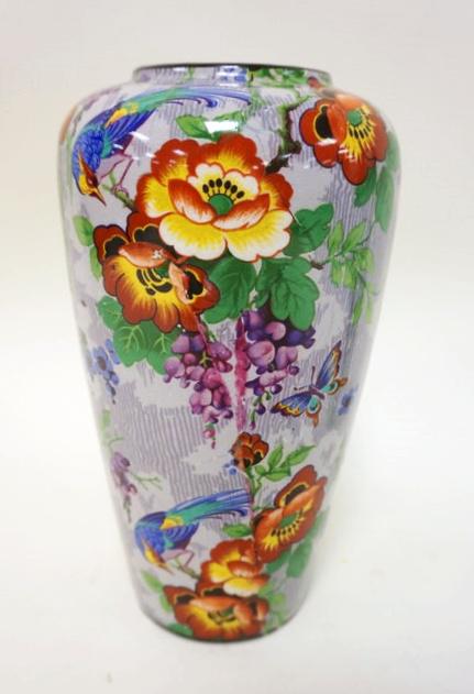 PHEONIX WARE VASE: PHEONIX WARE VASE DECORATED W/FLOWERS & PHEASANTS, APPROXIMATELY 10 IN HIGH