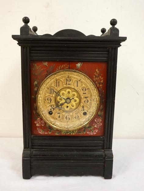 ANTIQUE VICTORIAN BLACK LACQUERED SHELF CLOCK (1 of 2)