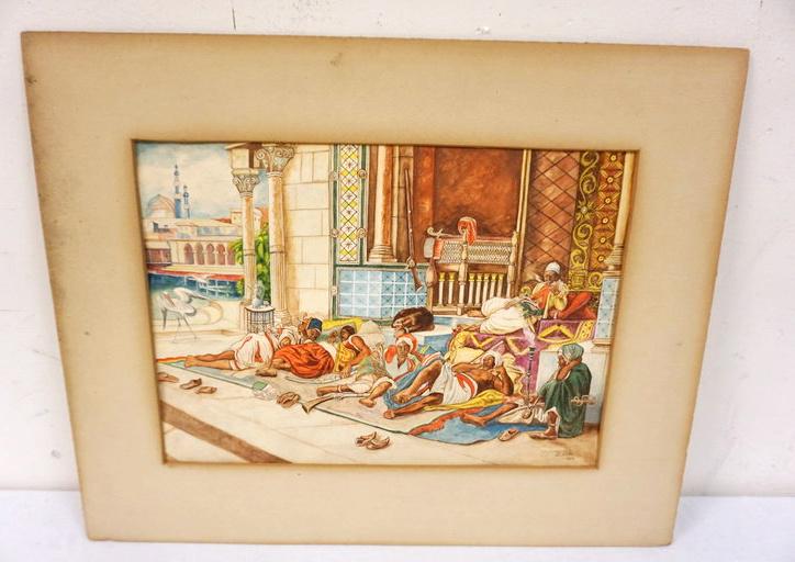 ANTIQUE WATERCOLOR: ANTIQUE WATERCOLOR, PERSIAN LOUNGE SCNE, J.E. HAHN 1934, APPROXIMATELY 20 IN X 18 IN OVERALL