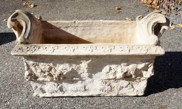 TERRACOTTA TYPE PLANTER: TERRACOTTA TYPE PLANTER, LOSSES TO REVERSE EMBOSSED DESIGN, APPROXIMATELY 31 IN X 14 IN X 18 IN H