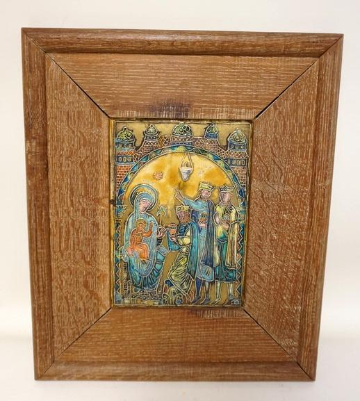 MARC ROUSSEL FRAMED PORCELAIN RELIGIOUS ICON TILE: MARC ROUSSEL FRAMED PORCELAIN RELIGIOUS ICON TILE, APPROXIMATELY 17 IN X 20 IN OVERALL, SIGNED ON BACK