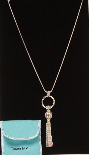 TIFFANY & CO STERLING SILVER TASSEL PENDANT: TIFFANY & COMPANY STERLING SILVER NECKLACE W/ TASSEL PENDANT. BOTH THE NECKLACE & PENDANT ARE SIGNED TIFFANY. TOTAL WEIGHT 1.572 TROY OUNCES