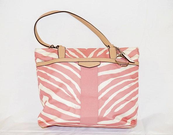 COACH PINK ZEBRA STRIPE BAG: COACH PINK ZEBRA BAG, APPROXIMATELY 14 IN L X 10 IN H X 3 1/2 IN