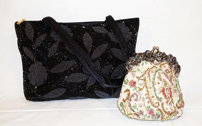 2 BEADED BAGS: COLORFULL BEADED BAG AND BLACK BEADED PURSE