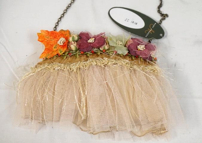 MARY FRANCES DESIGNER BAG: MARY FRANCES DESIGNER BAG WITH LACE, APPLIED FLOWERS AND BEADS, NEW WITH TAGS