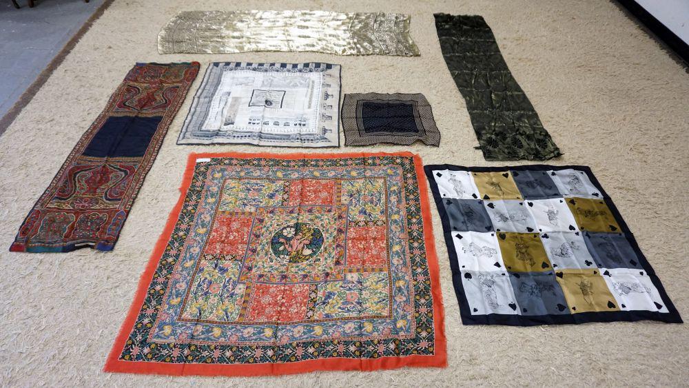 6 MMA SCARVES: 6 METROPOLITAN MUSEUM OF ART SCARVES PLUS ONE MMA HANDKERCHIEF, SOME WEAR AND STAINING