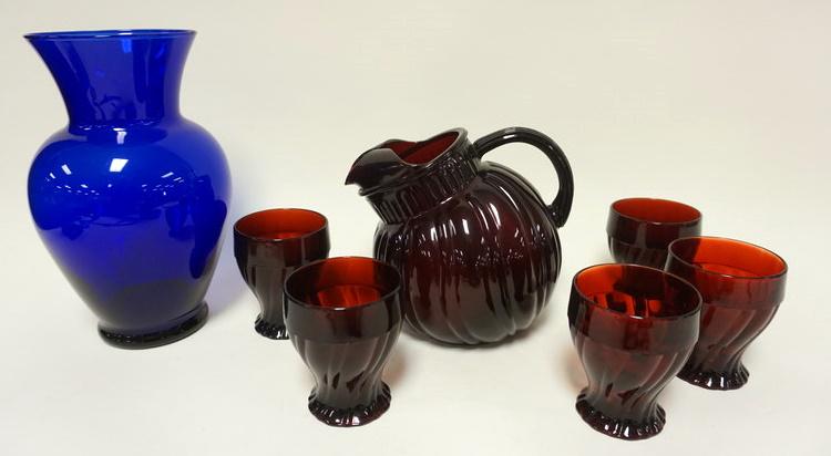 DEPRESSION ERA W/ RUBY WATER SET, COBALT VASE (1 of 1)