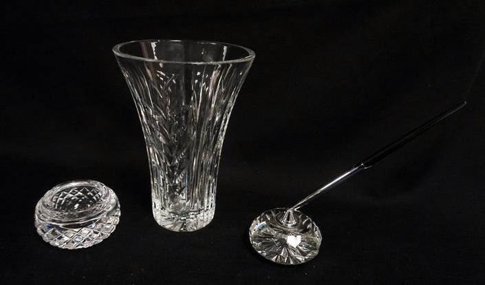WATERFORD VASE, ASHTRAY AND PEN HOLDER: WATERFORD VASE, ASHTRAY AND PEN HOLDER
