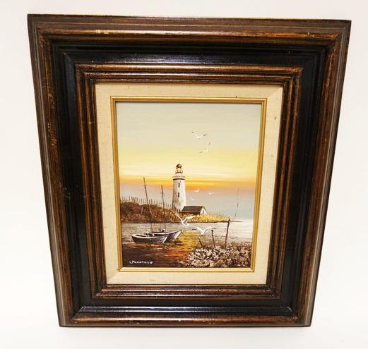OIL PAINTING ON BOARD: OIL PAINTING ON BOARD OF LIGHTHOUSE SIGNED JONATHAN, APPROXIMATELY 16 IN X 18 IN OVERALL