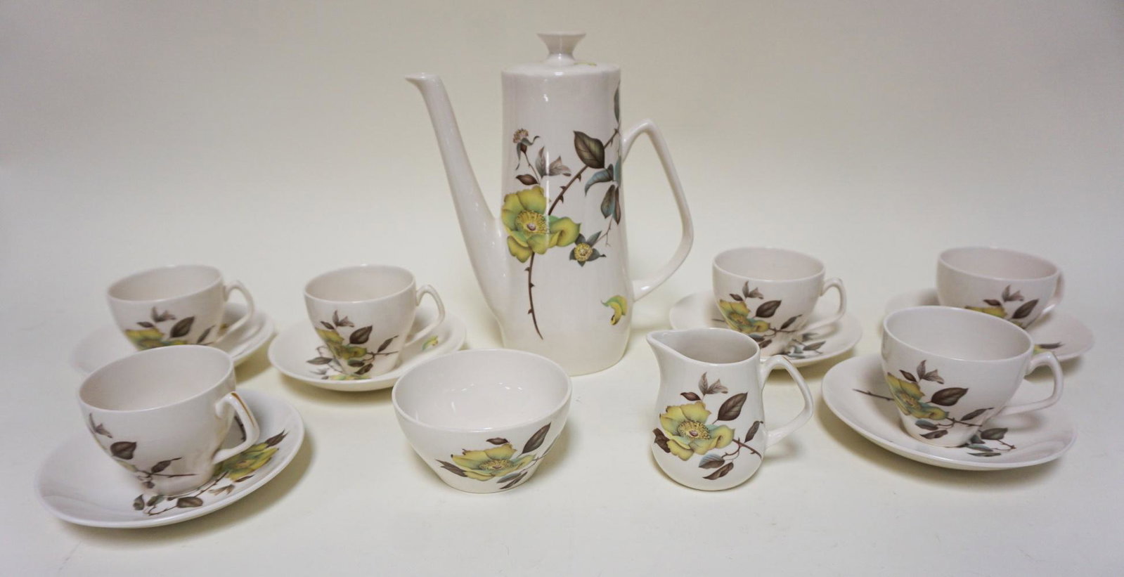 STAFFORDSHIRE ENGLAND COFFEE SET: STAFFORDSHIRE ENGLAND COFFEE SET, TEAPOT, CREAMER & SUGAR W/6 CUPS & SAUCERS