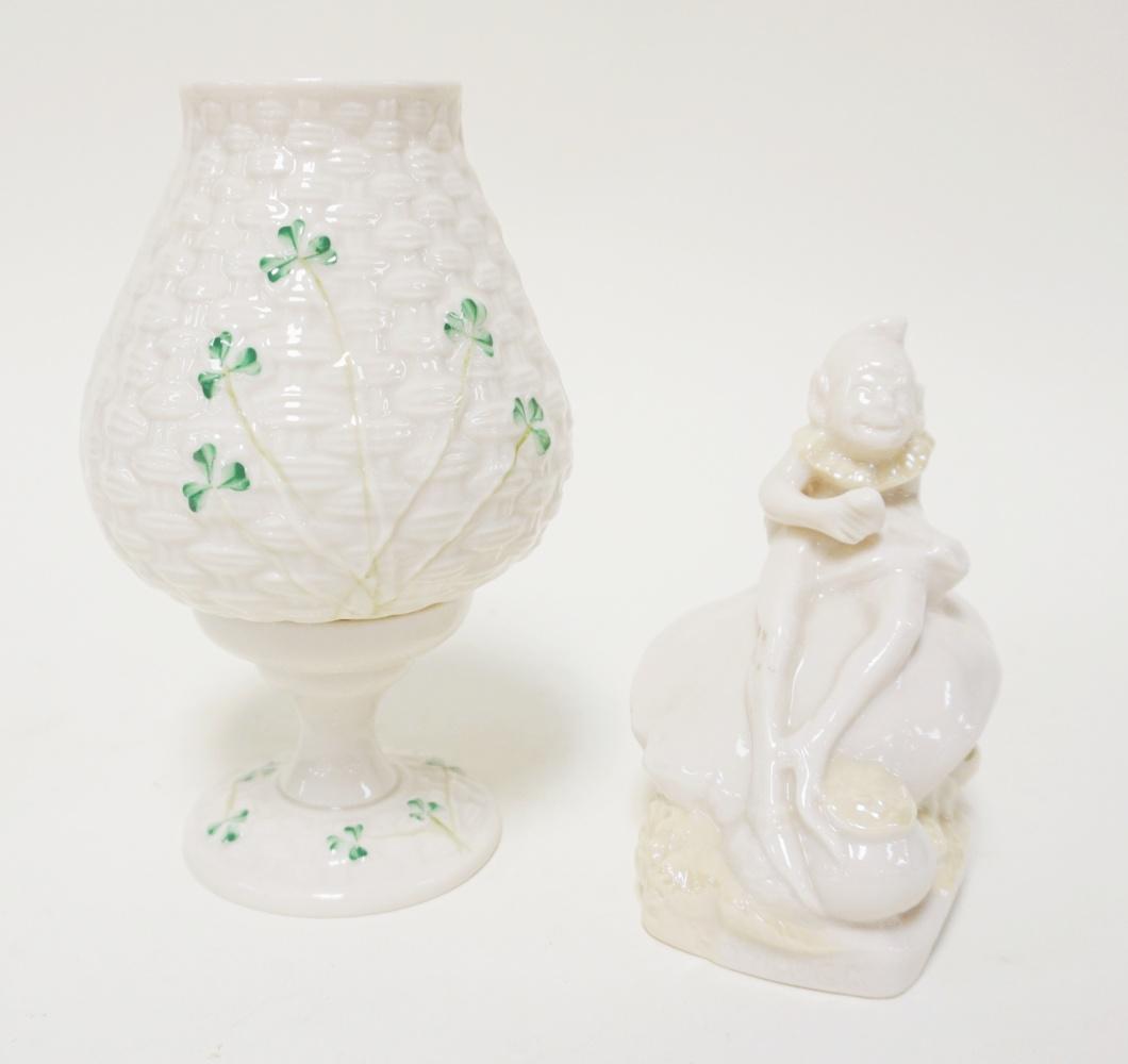 BELLEEK IRISH CHINA: BELLEEK IRISH CHINA, IRISH LEPRECHAUN & 2 PART CANDLE HOLDER, GREEN & BROWN MARK, TALLEST APPROXIMATELY 7 IN HIGH