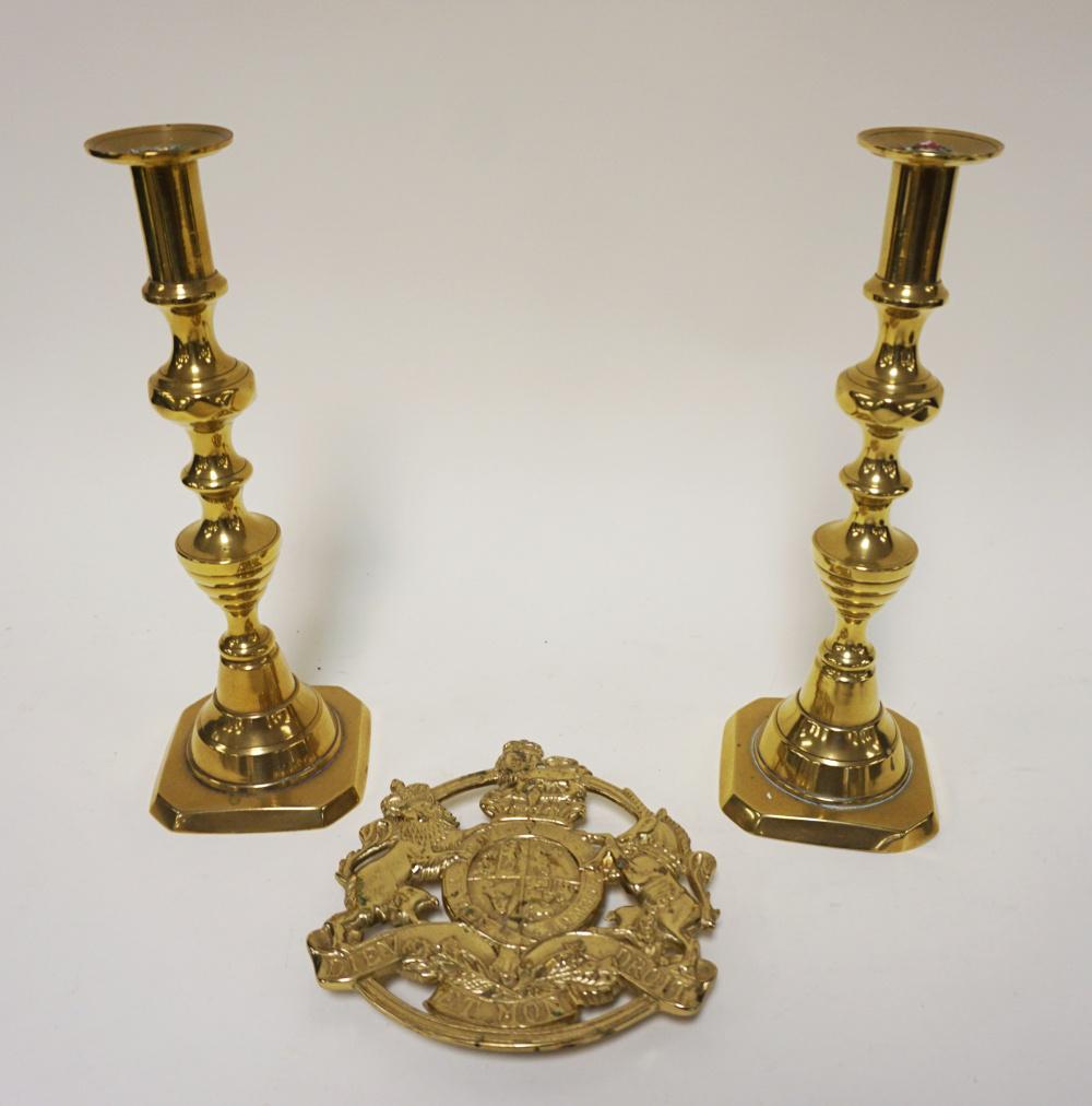 LOT ANTIQUE BRASS PUSH UP CANDLESTICKS (1 of 3)