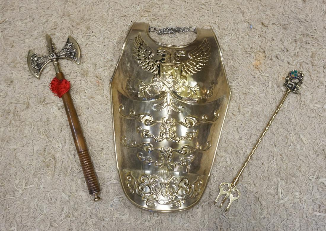 3 PIECE LOT OF ORNAMENTAL REPLICAS OF ARMOR: 3 PIECE LOT OF ORNAMENTAL REPLICAS OF ARMOR, BREASTPLATE APPROXIMATELY 14 IN X 21 IN