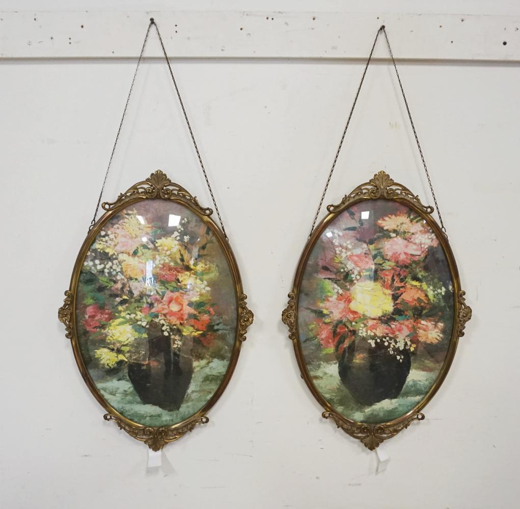 PAIR OF OVAL CONVEX GLASS FRAMES: PAIR OF OVAL CONVEX GLASS FRAMES W/FLORAL PRINTS, APPROXIMATELY 16 IN X 24 IN