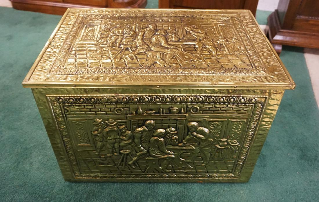 ENGLISH BRASS & WOOD ORNATE KINDLING BOX (1 of 4)