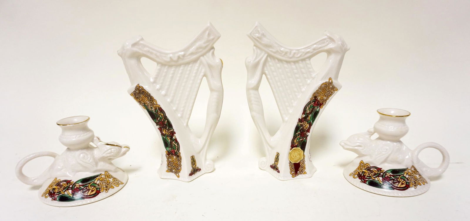 CRE IRISH PORCELAIN HARPS & CANDLESTICKS: CRE IRISH PORCELAIN HARPS & CANDLESTICKS, ARTIST SIGNED, TALLEST APPROXIMATELY 7 IN