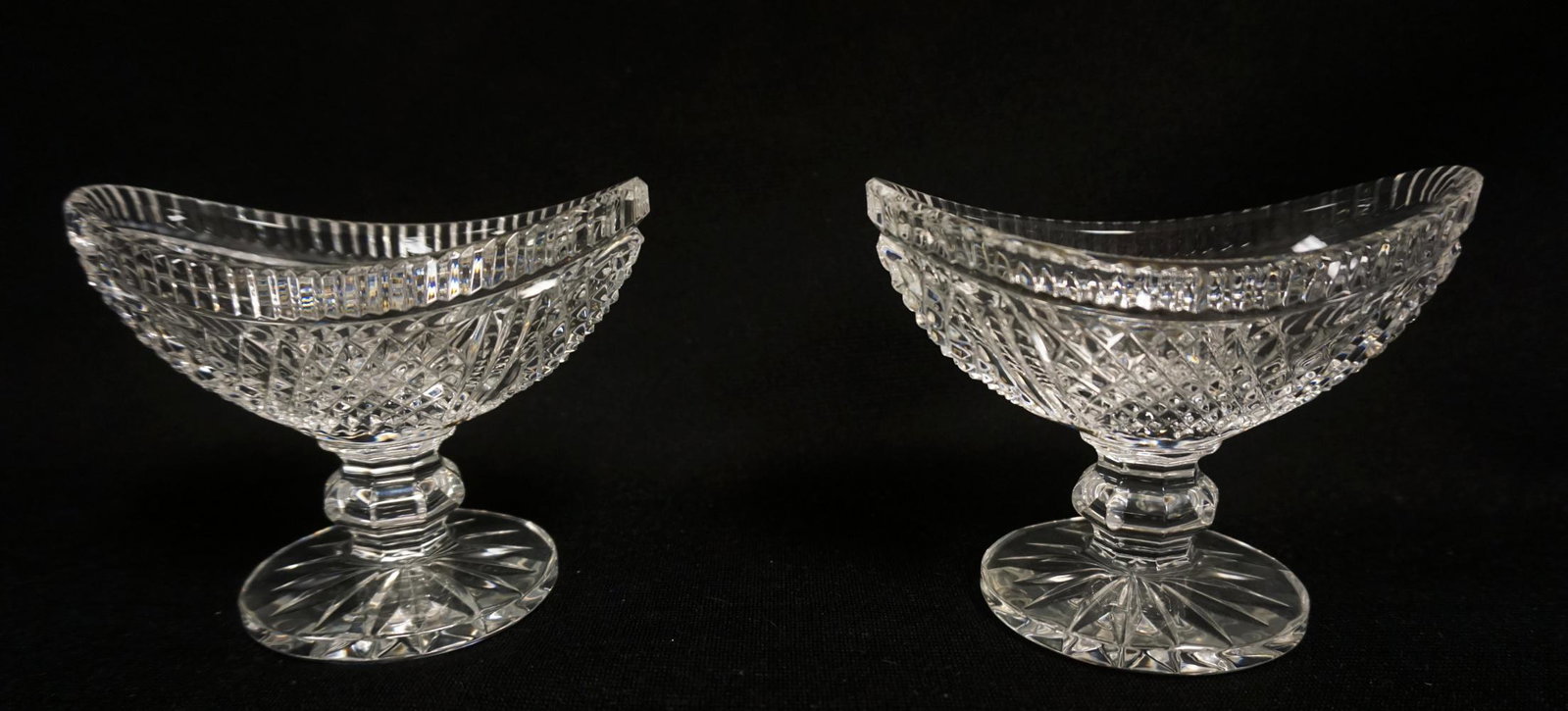 WATERFORD LEAD CRYSTAL MASTER SALTS: WATERFORD LEAD CRYSTAL PAIR OF FOOTED MASTER SALTS, APPROXIMATELY 2 1/2 IN X 4 1/2 IN X 4 IN HIGH