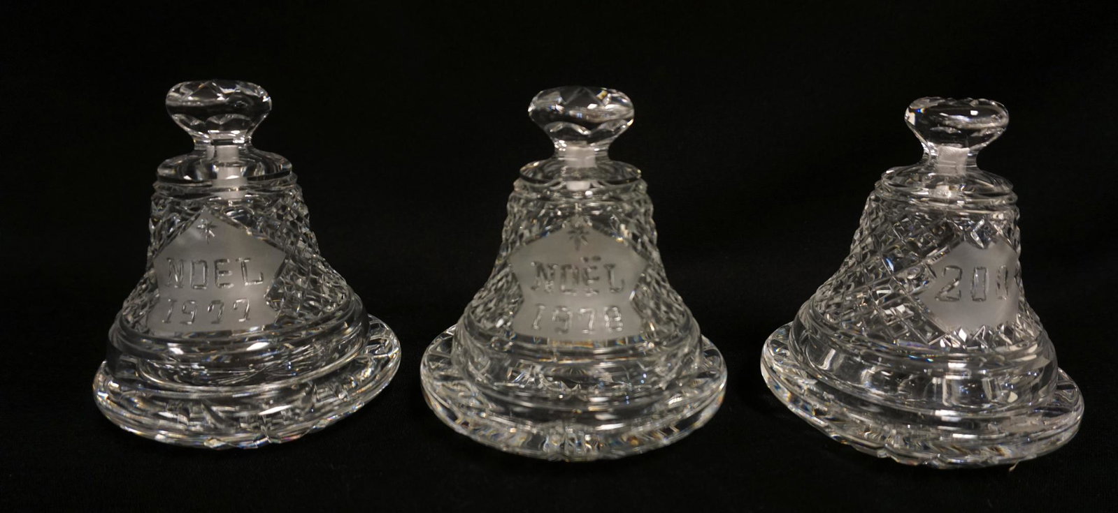 WATERFORD LEAD CRYSTAL LOT OF 3 CHRISTMAS BELLS: WATERFORD LEAD CRYSTAL LOT OF 3 CHRISTMAS BELLS W/UNDERPLATES, APPROXIMATELY 5 1/2 IN HIGH