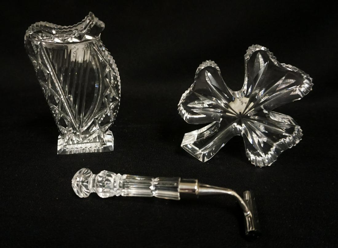 WATERFORD LEAD CRYSTAL 3 PIECE LOT: WATERFORD LEAD CRYSTAL 3 PIECE LOT HARP, SHAMROCK PAPERWEIGHT, & RAZOR, TALLEST APPROXIMATELY 5 IN HIGH